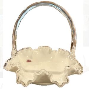 Vintage Fenton White Milk Glass Basket with Clear Applied Handle Ruffle Edge